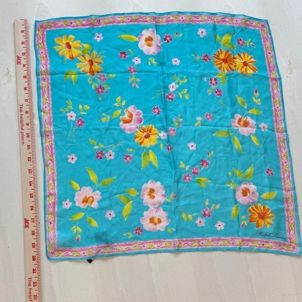 Ralph Lauren Collection Black Label Silk Floral Square Scarf Turquoise Blue 20in